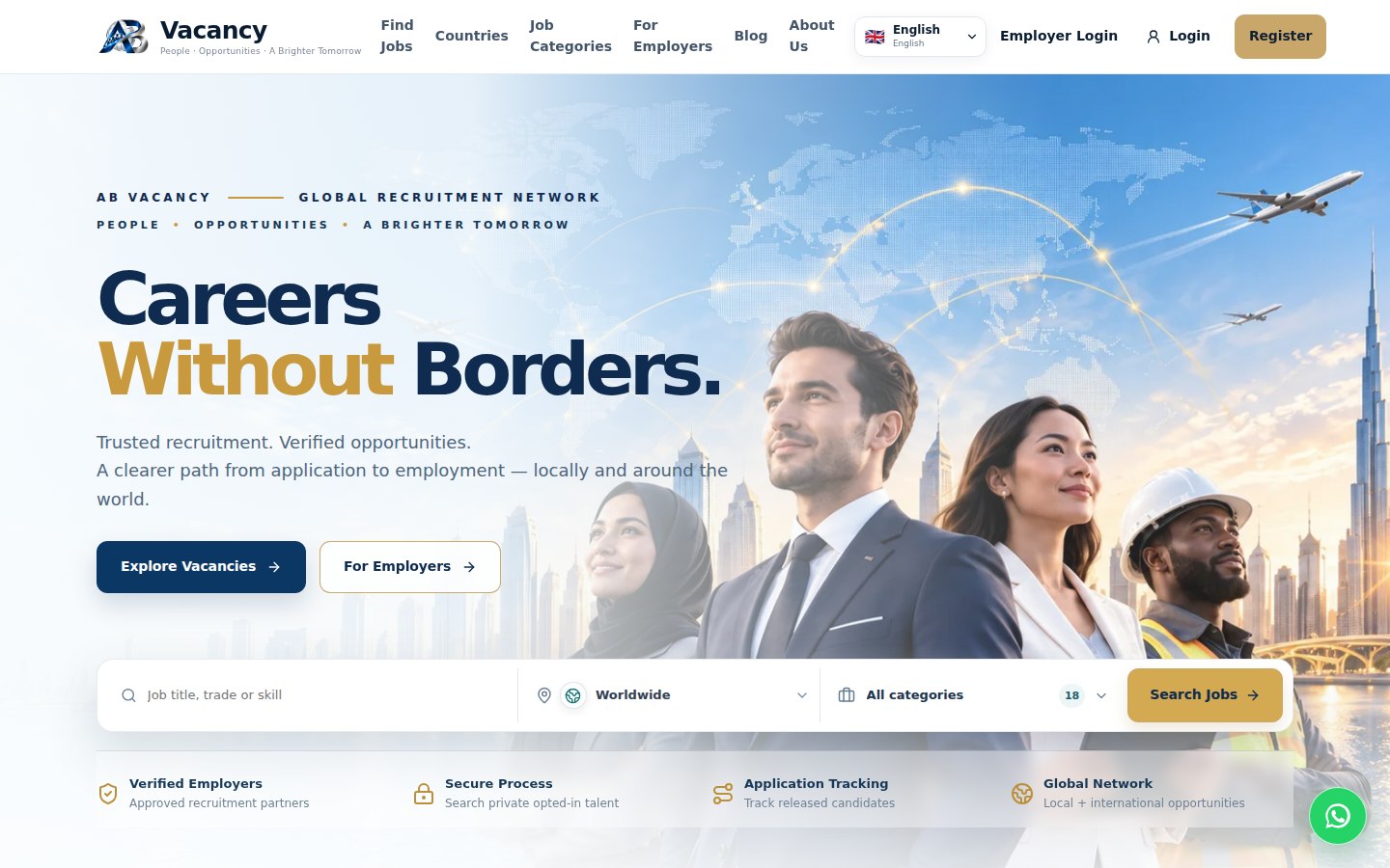 Actual desktop screenshot of the AB Vacancy homepage with international job search interface