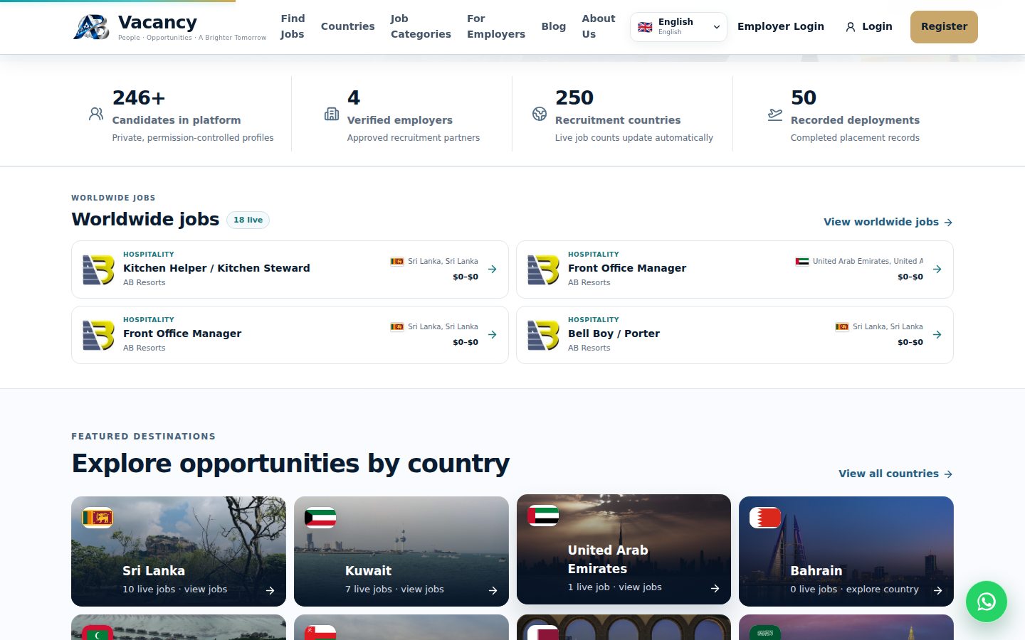 Public AB Vacancy screenshot showing job listings and country discovery on the homepage.
